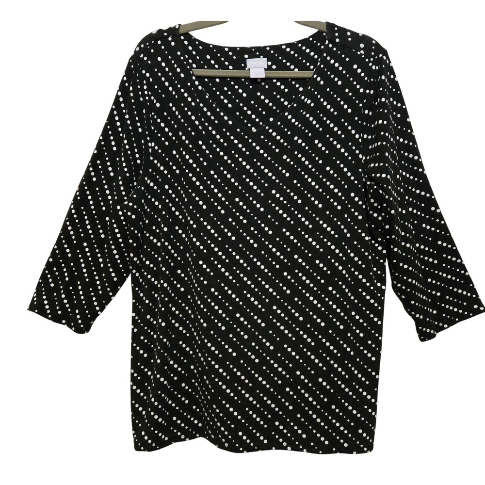 Chic Chicos Black White Diagonal Polka Dot V-Neck 3/4 Sleeve Top Size 3/XL